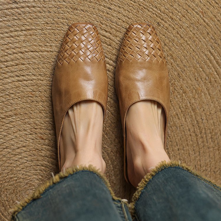 Mocasines de mujer de piel auténtica trenzada con punta cuadrada - Elegancia y comodidad para el verano