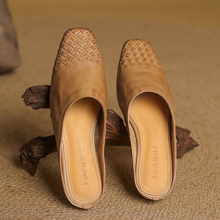 Mocasines de mujer de piel auténtica trenzada con punta cuadrada - Elegancia y comodidad para el verano