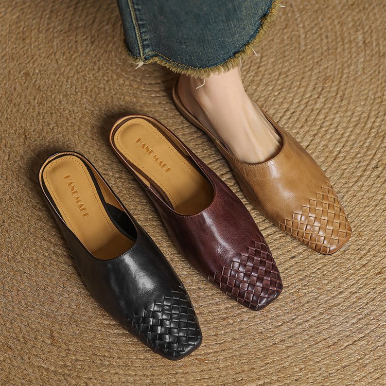 Mocasines de mujer de piel auténtica trenzada con punta cuadrada - Elegancia y comodidad para el verano