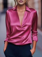 Blouse élégante pour femme en satin avec col en V et col drapé - chemise satinée à manches longues