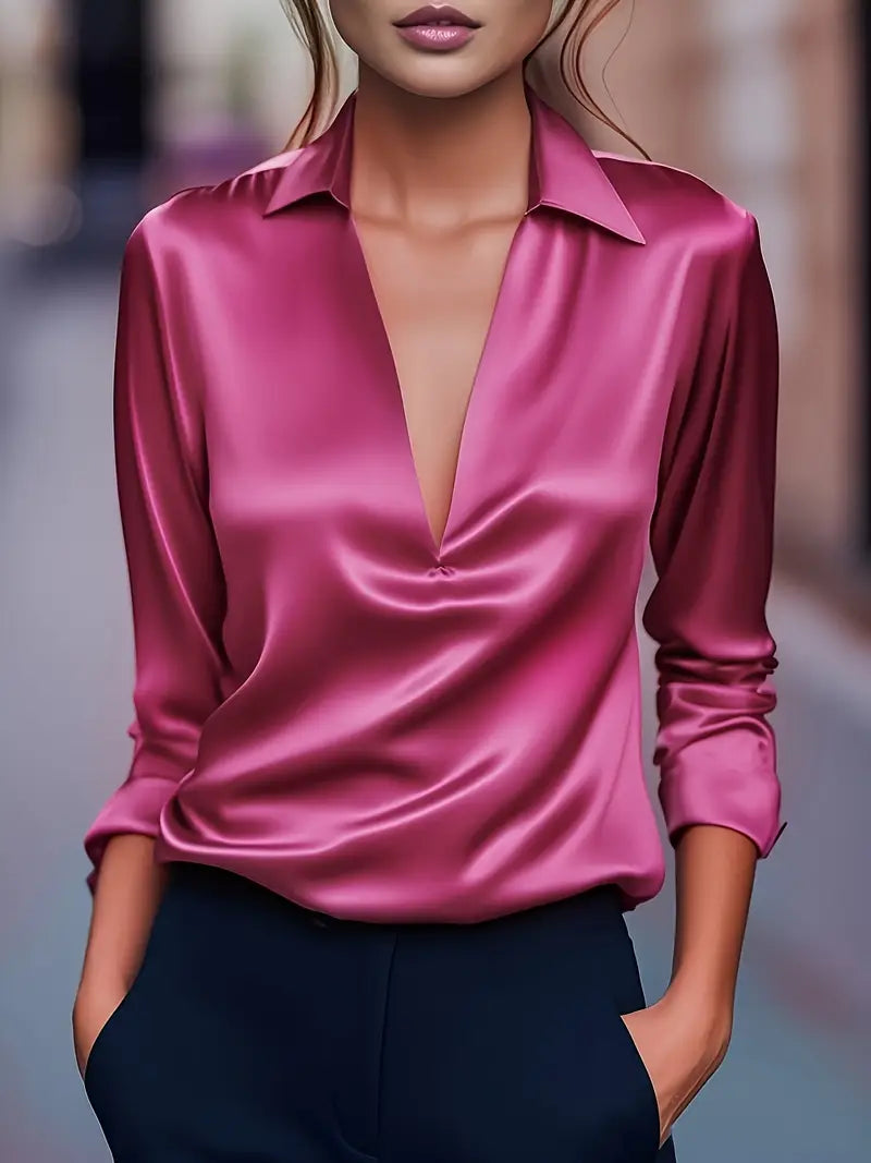Blouse élégante pour femme en satin avec col en V et col drapé - chemise satinée à manches longues