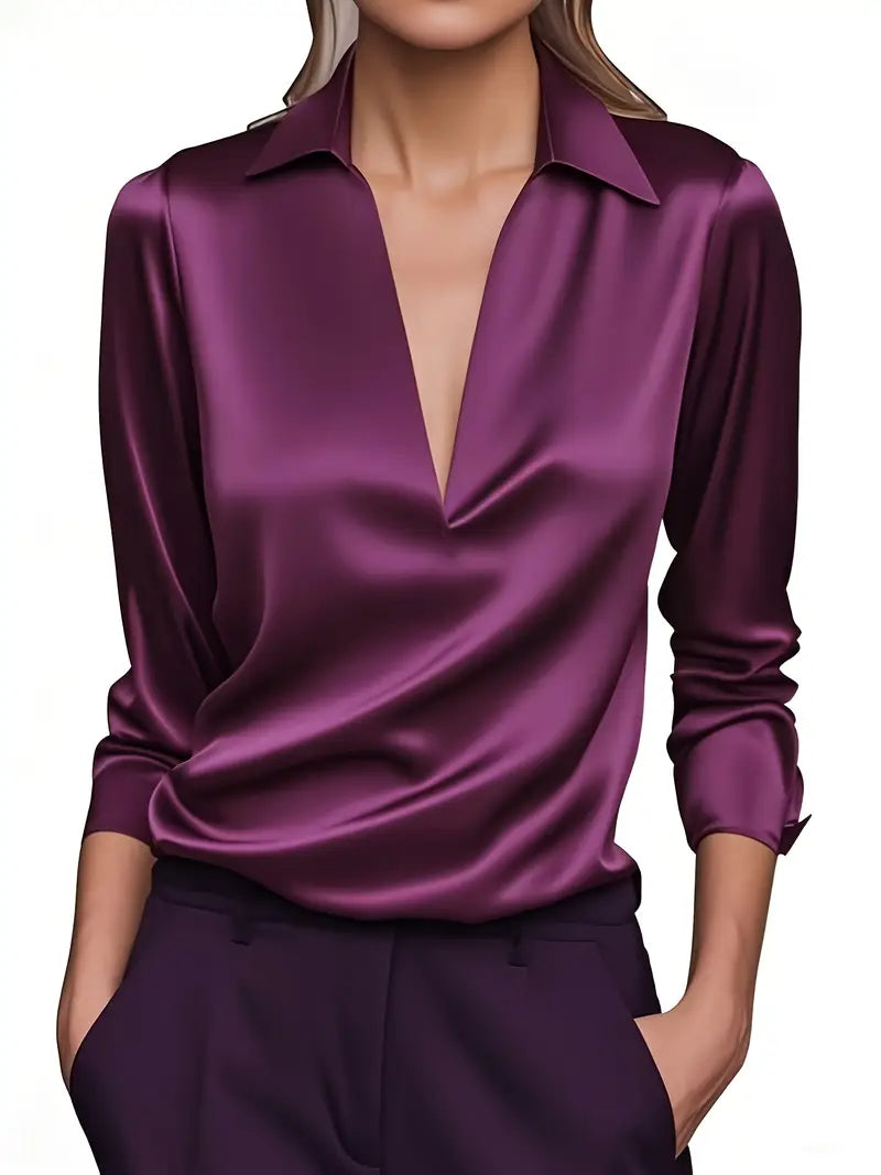 Blouse élégante pour femme en satin avec col en V et col drapé - chemise satinée à manches longues