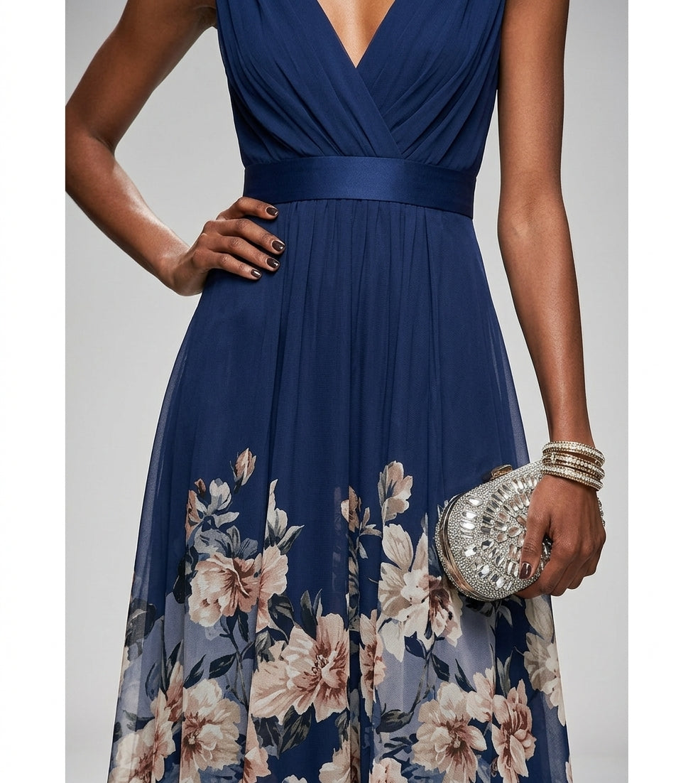 Robe maxi femme à fleurs avec col en V