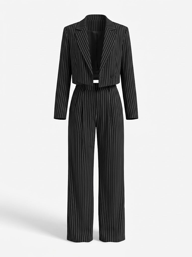 Completo Donna Gessato con Blazer Corto e Pantaloni a Gamba Larga