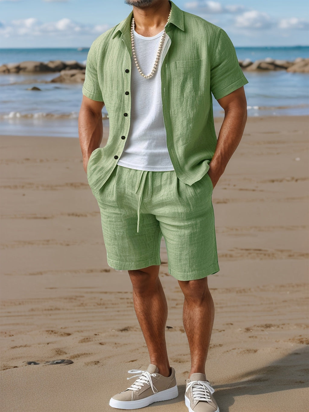 Conjunto de verano para hombre 100 % lino con camisa y pantalones cortos