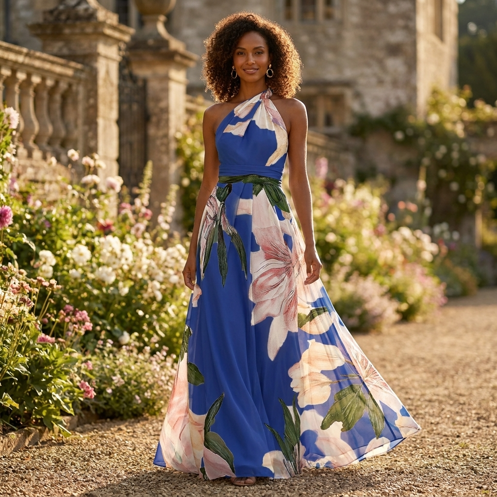 Robe maxi dos nu pour femme avec imprimé asymétrique