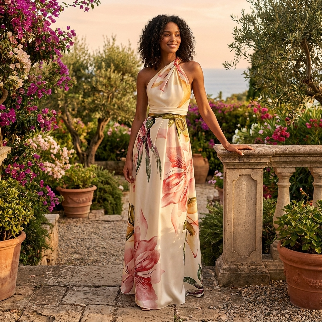 Robe maxi dos nu pour femme avec imprimé asymétrique