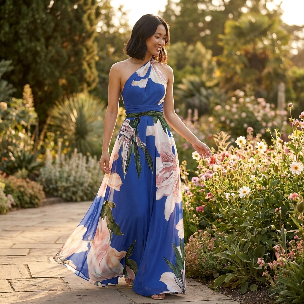 Robe maxi dos nu pour femme avec imprimé asymétrique