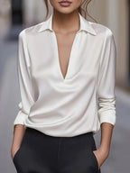 Blouse élégante pour femme en satin avec col en V et col drapé - chemise satinée à manches longues