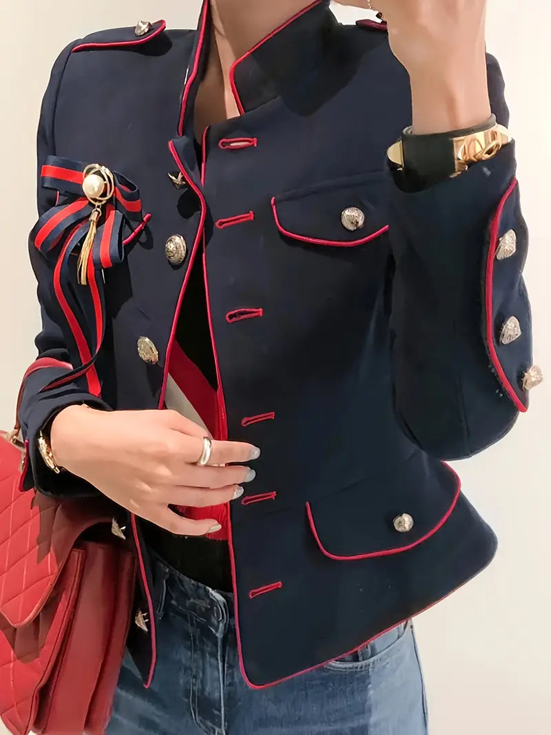 Blazer Donna Stile Militare con Collo Alto – Giacca Elegante Sagomata con Profili a Contrasto