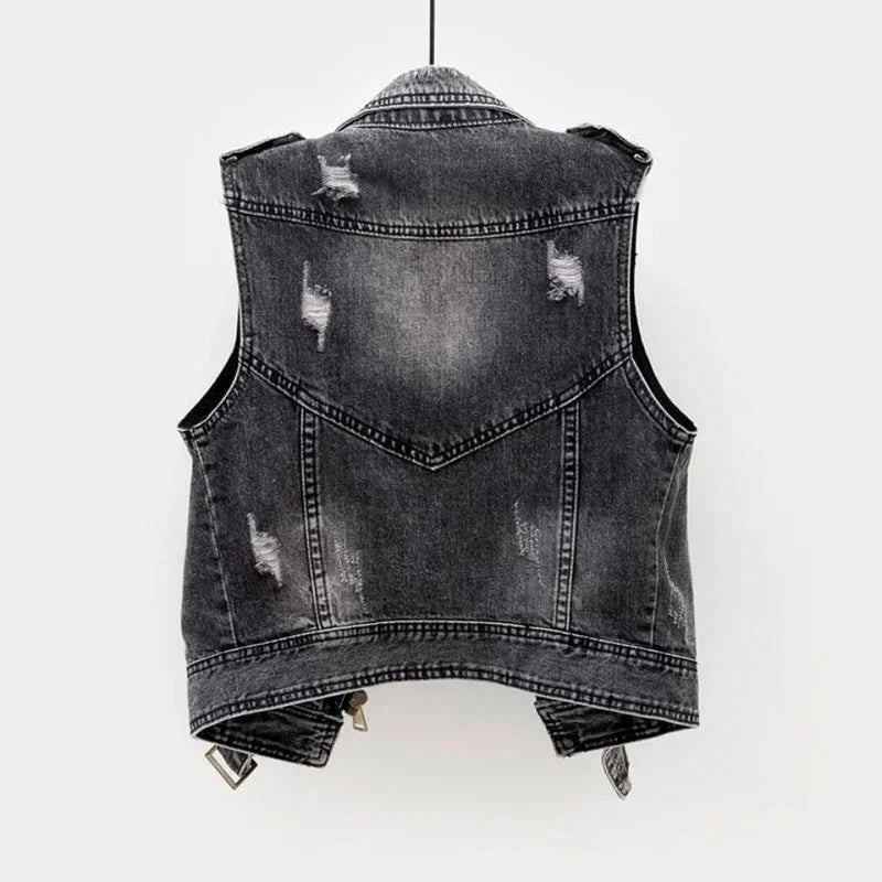 Gilet Biker Uomo in Denim con Zip Asimmetrica e Cintura