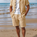 Conjunto de verano para hombre 100 % lino con camisa y pantalones cortos