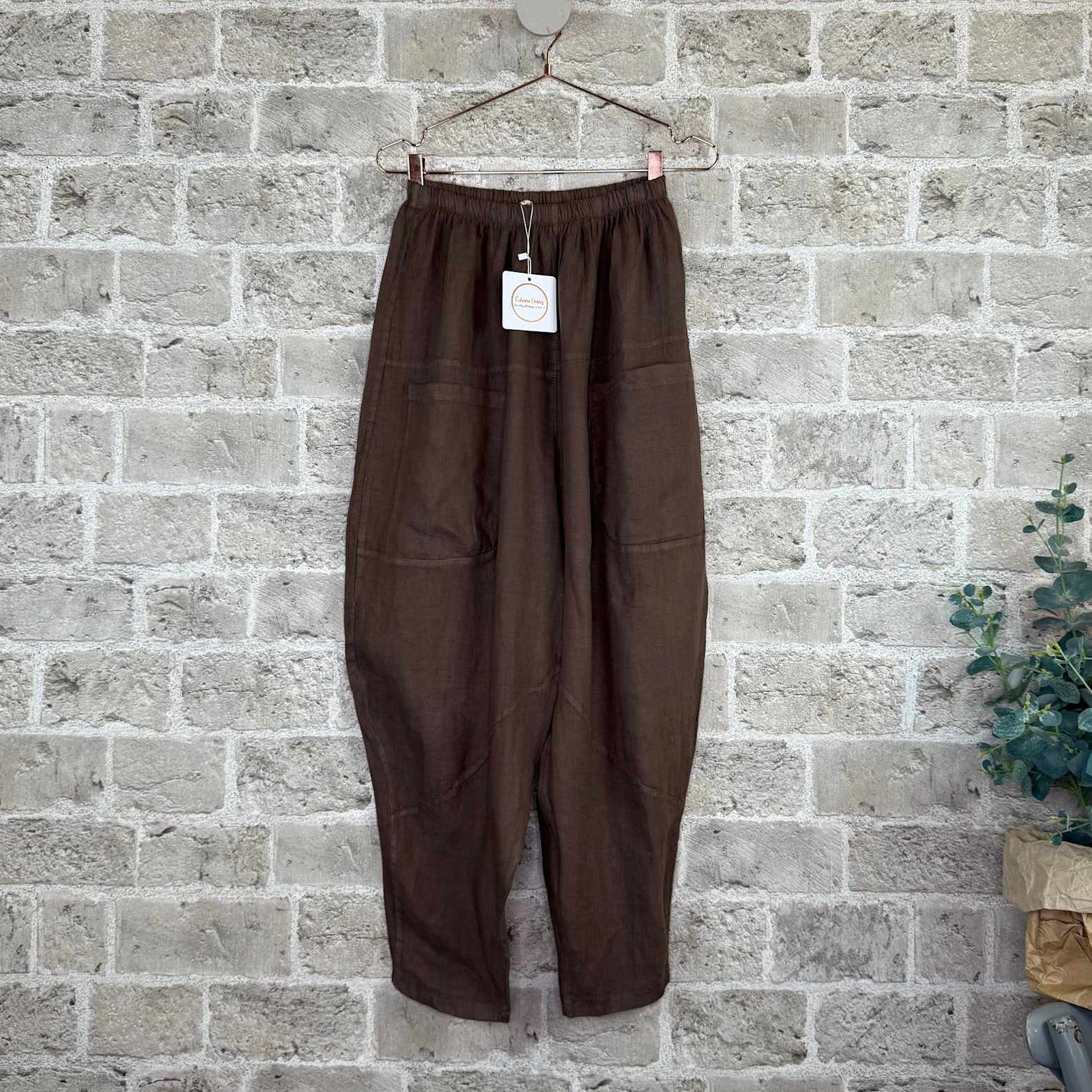 Pantaloni in Lino con Vestibilità a Palloncino e Vita Elastica