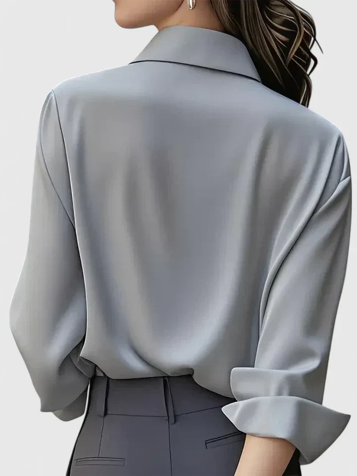 Blusa Elegante Donna in Raso con Maniche Lunghe e Colletto – Camicia Satinata per Ufficio e Look Chic