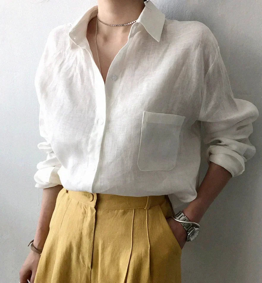 Camisa de lino para mujer con botones y mangas largas