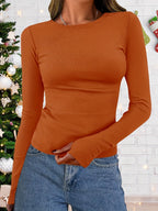 Pull côtelé fin pour femme avec col rond - Coupe ajustée et manches longues