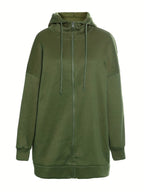 Sudadera larga de mujer con capucha y cremallera – corte oversize y bolsillos laterales