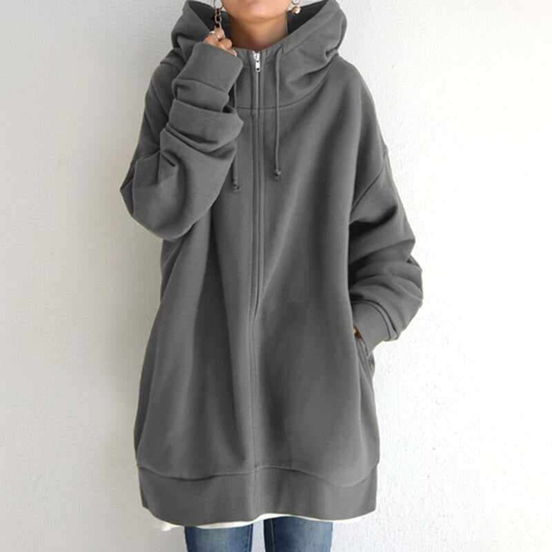 Sudadera oversize para mujer con capucha y cremallera – modelo largo y comodidad informal