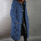 Cardigan Lungo Donna in Maglia Grossa con Cappuccio e Bottoni