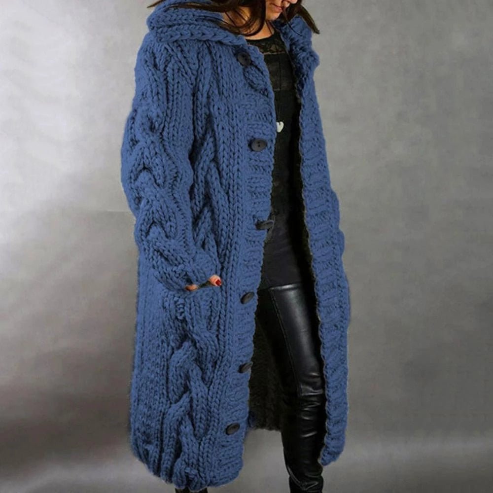 Cardigan Lungo Donna in Maglia Grossa con Cappuccio e Bottoni