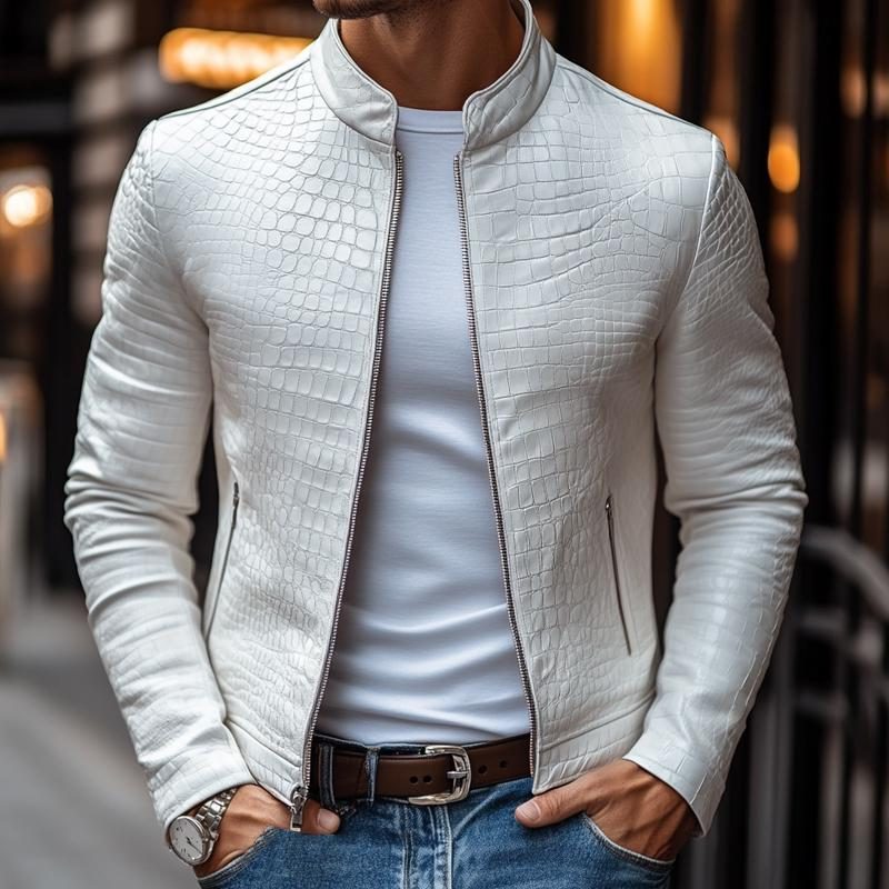 Giacca Uomo in Pelle Effetto Coccodrillo – Stile Biker Elegante con Zip