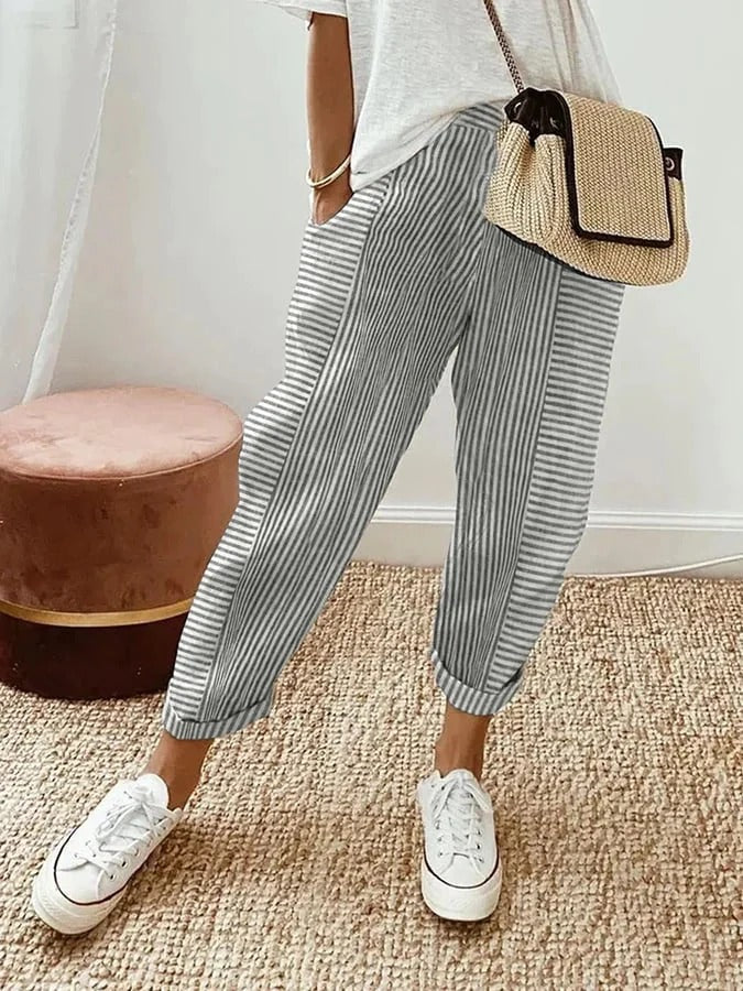 Pantaloni a Righe Donna Silhouette Larga Comfort Estivo