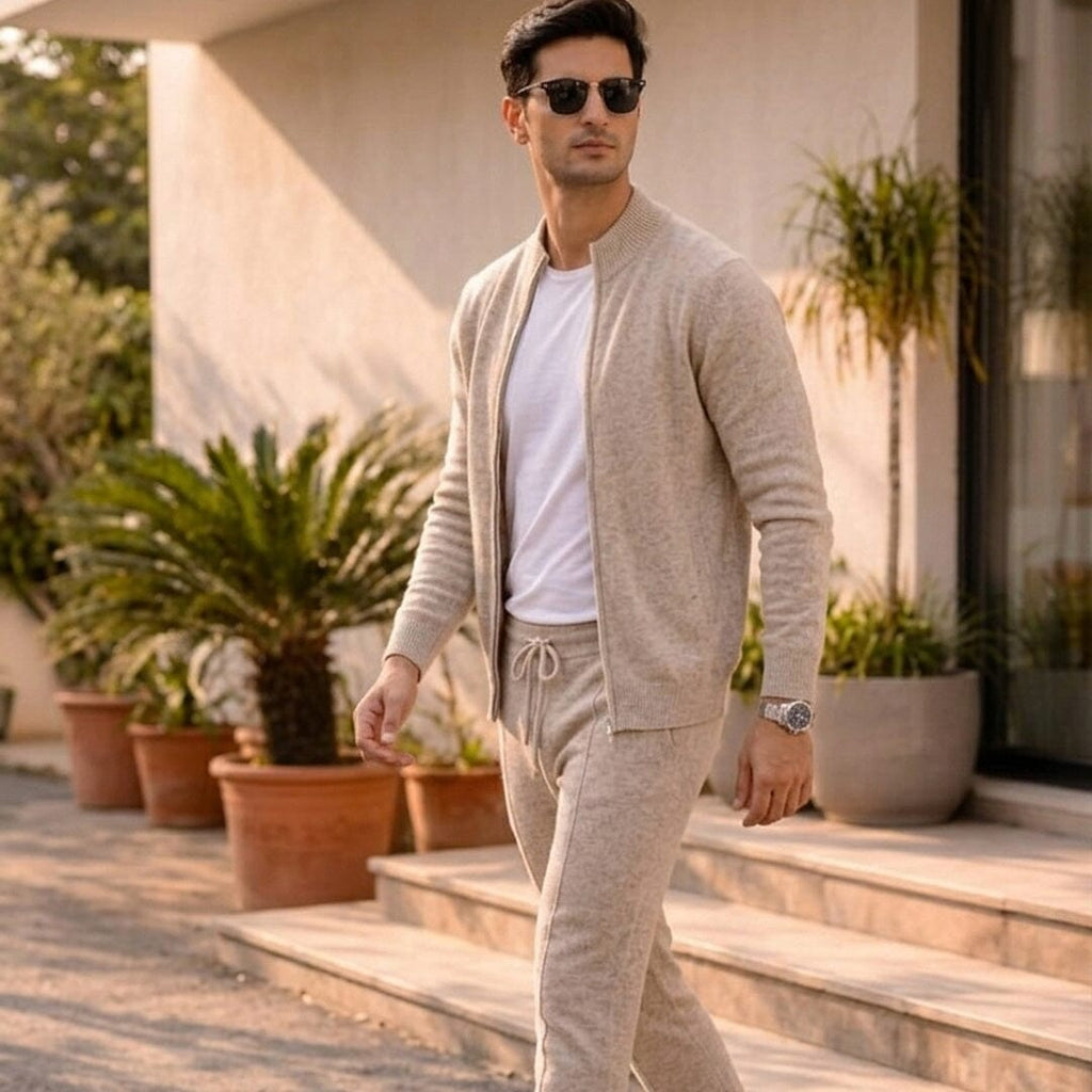 Ensemble deux pièces pour homme en laine mérinos – cardigan zippé et pantalon en maille élégant