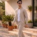Ensemble deux pièces pour homme en laine mérinos – cardigan zippé et pantalon en maille élégant