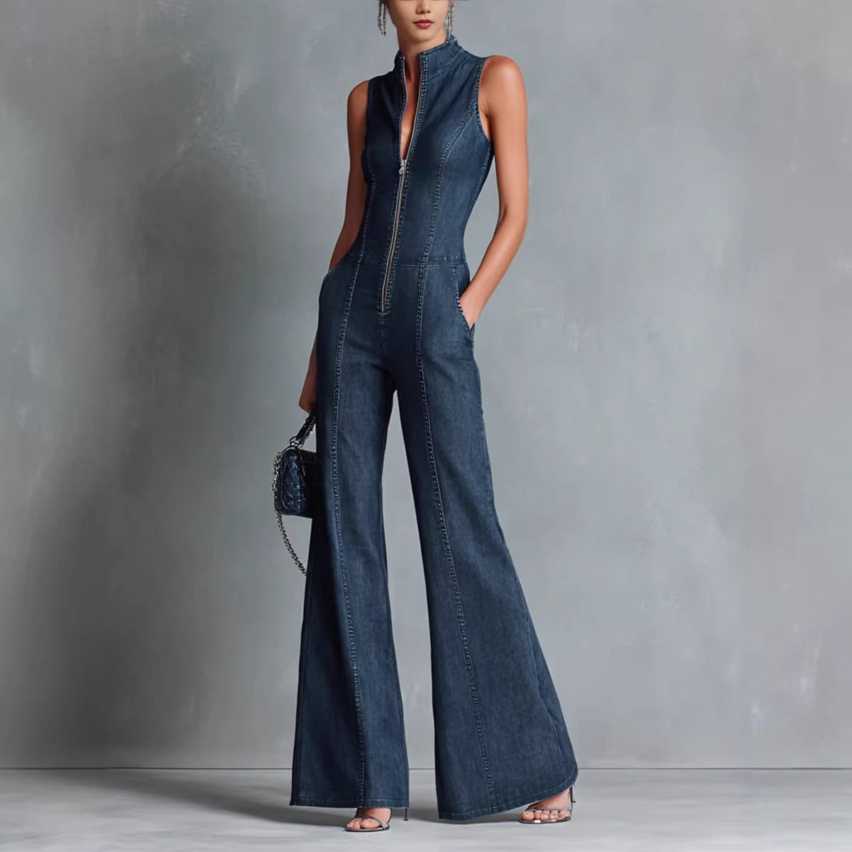 Combinaison femme en denim coupe slim avec fermeture éclair