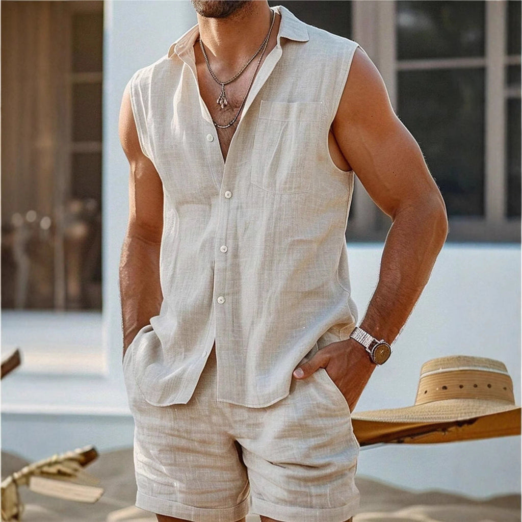 Gilet pour homme en coton et lin à col montant