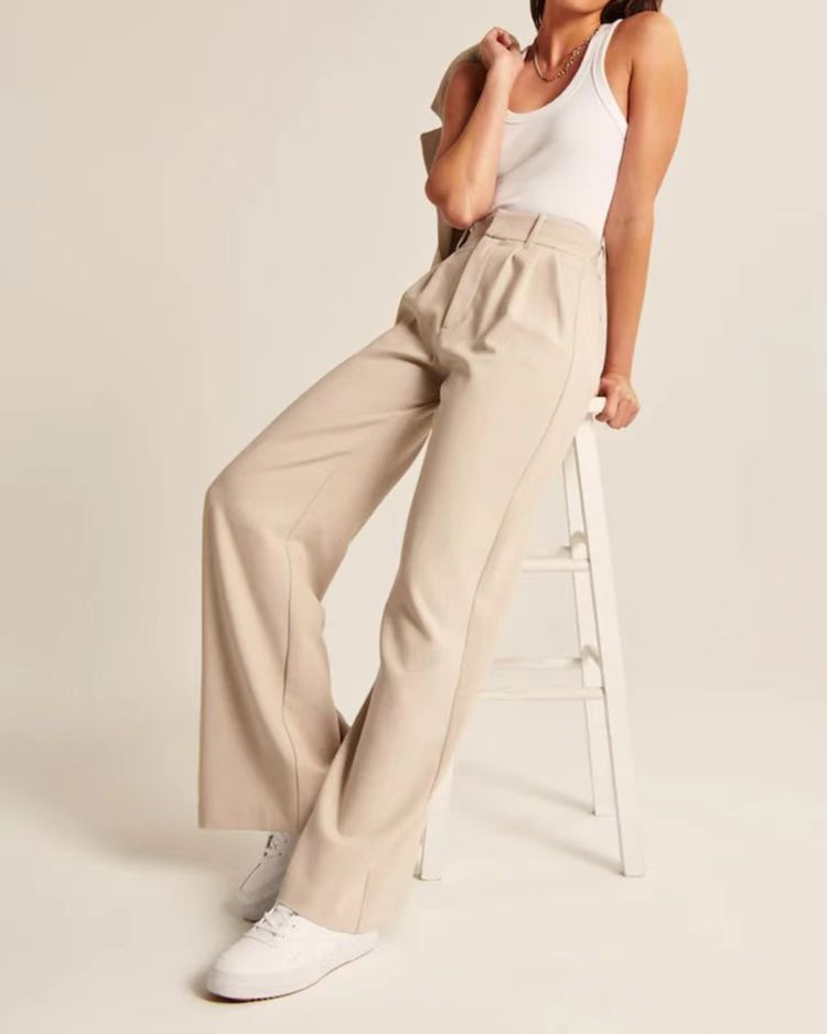 Pantalon élégant pour femme à taille haute avec plis - jambes larges pour le bureau et les loisirs