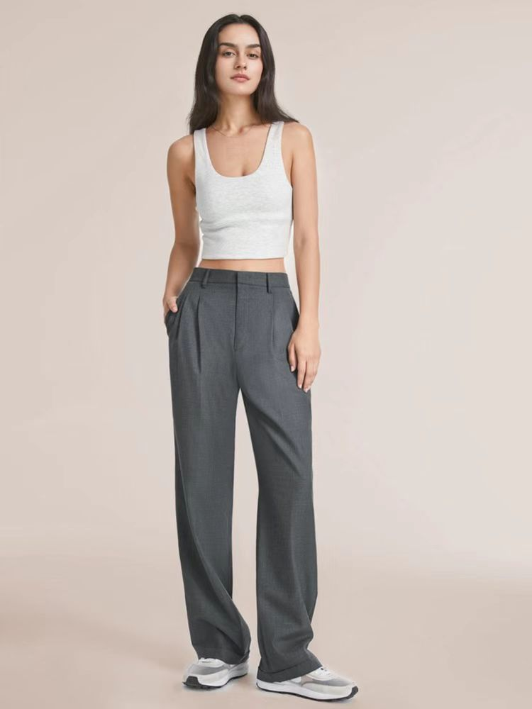 Pantalones elegantes de mujer de talle alto con pliegues – pierna ancha para la oficina y el tiempo libre