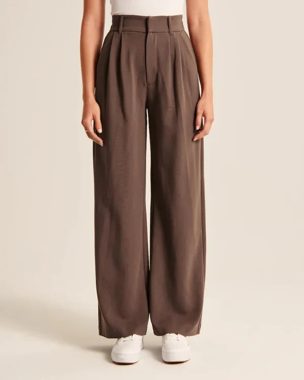 Pantalones elegantes de mujer de talle alto con pliegues – pierna ancha para la oficina y el tiempo libre