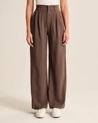 Pantalones elegantes de mujer de talle alto con pliegues – pierna ancha para la oficina y el tiempo libre