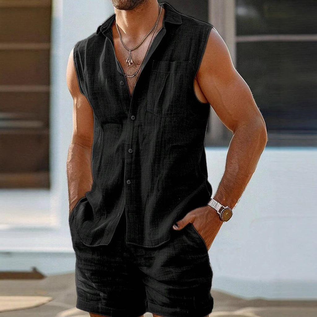 Gilet pour homme en coton et lin à col montant