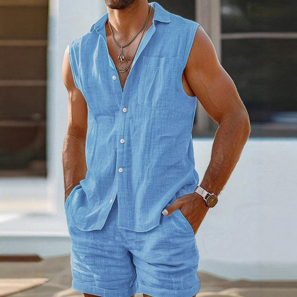 Gilet pour homme en coton et lin à col montant