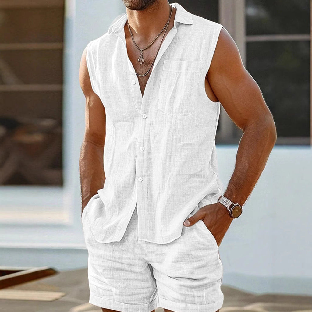 Gilet pour homme en coton et lin à col montant