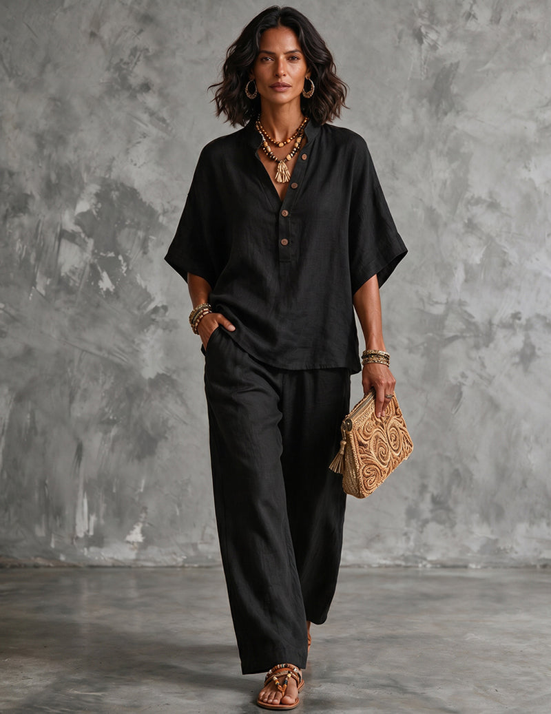 Ensemble deux pièces femme en lin avec manches chauve-souris - blouse et pantalon large d’été