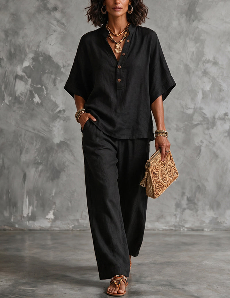 Ensemble deux pièces femme en lin avec manches chauve-souris - blouse et pantalon large d’été