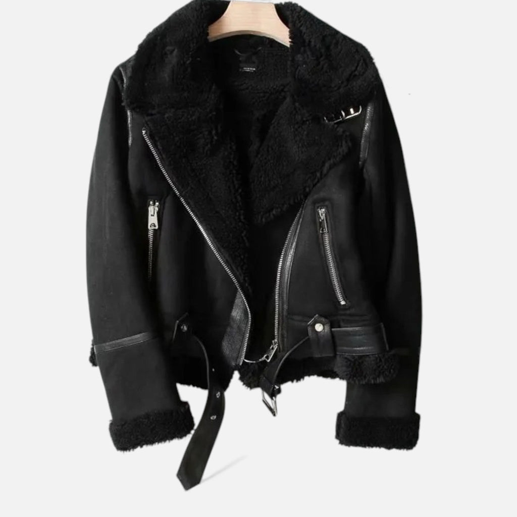 Giacca Biker Donna in Camoscio con Revers in Lana d’Agnello