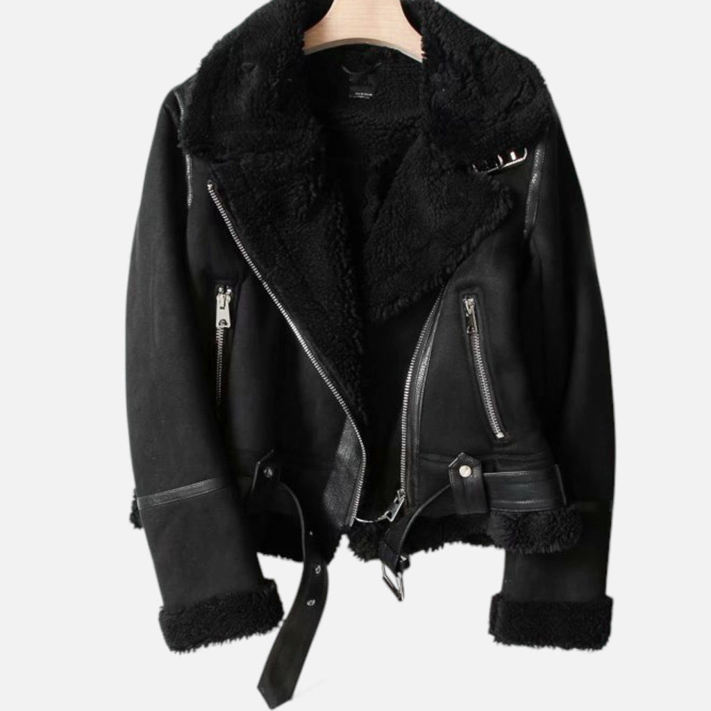 Giacca Biker Donna in Camoscio con Revers in Lana d’Agnello