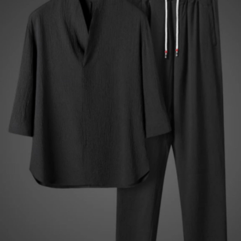 Ensemble oversize deux pièces pour homme - tunique à col en V et pantalon décontracté à cordon de serrage