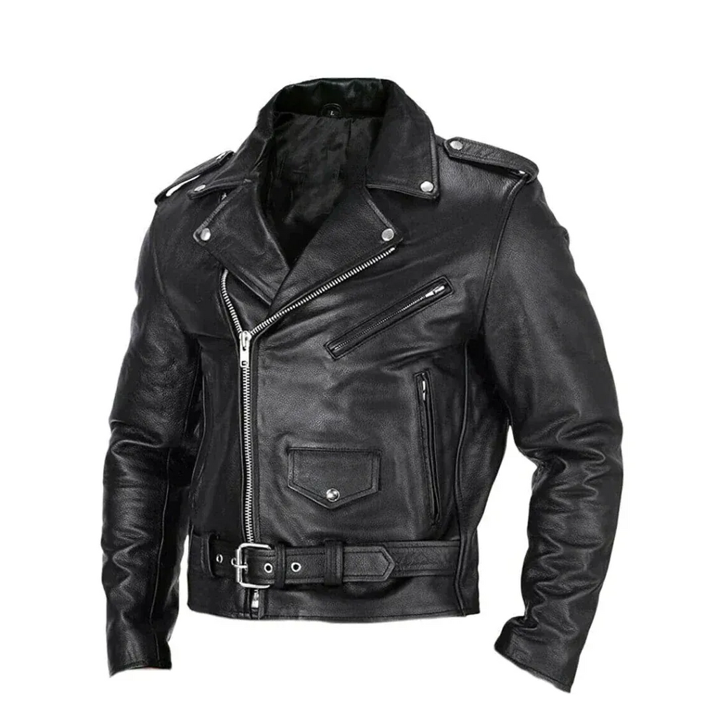 Veste biker homme en cuir avec fermeture éclair asymétrique - style motard avec ceinture