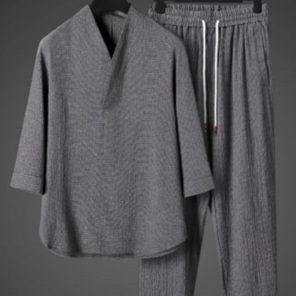 Ensemble oversize deux pièces pour homme - tunique à col en V et pantalon décontracté à cordon de serrage