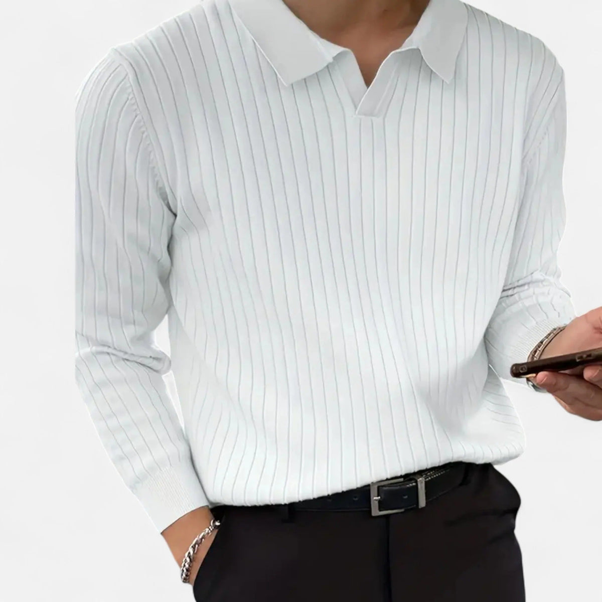 Polo Uomo a Coste con Maniche Lunghe e Colletto Aperto