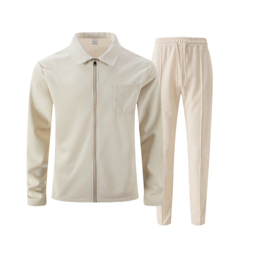 Completo Uomo Due Pezzi in Tessuto Strutturato – Giacca con Zip e Pantaloni Casual Eleganti