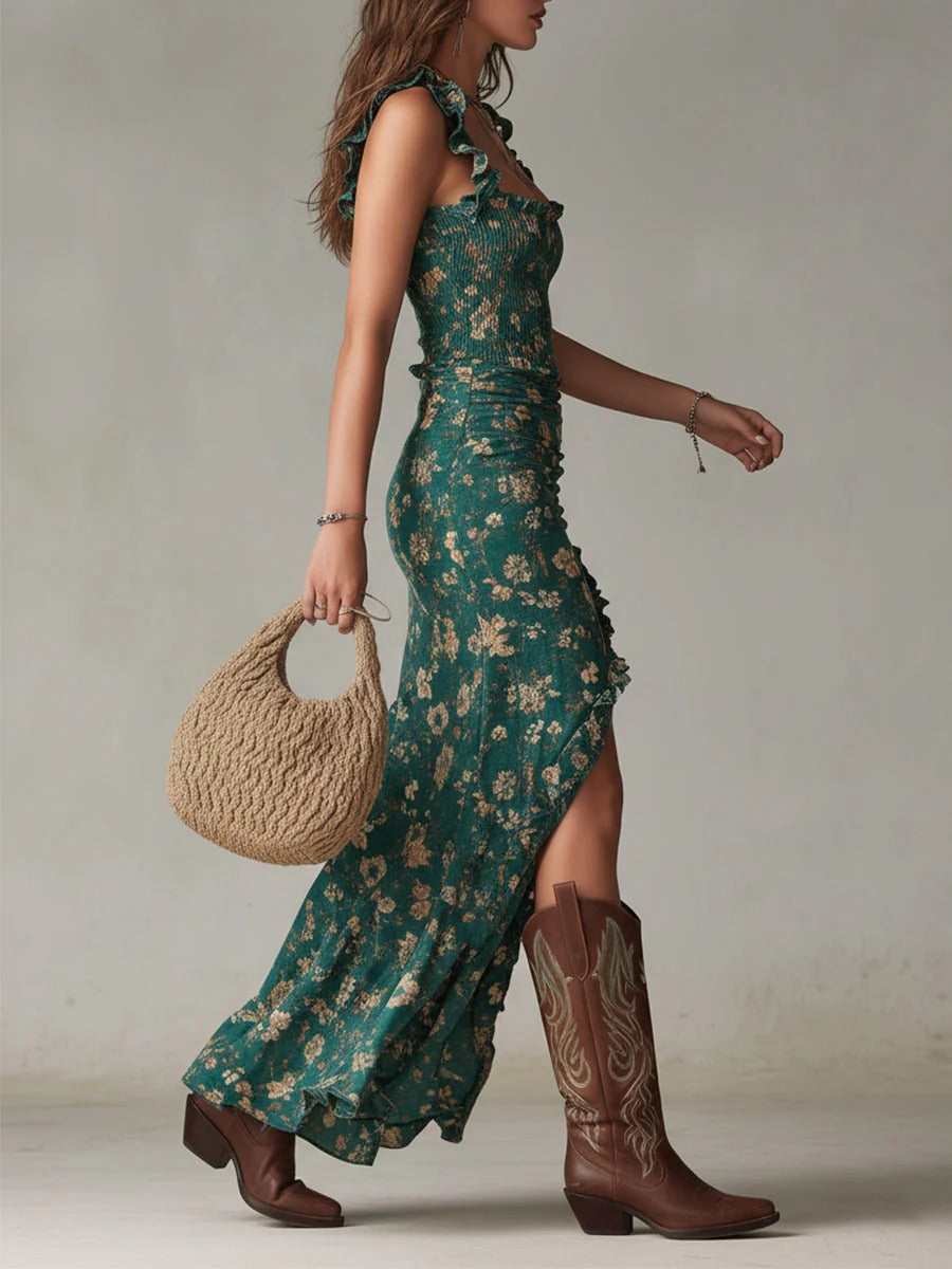 Robe maxi pour femme à motif floral avec drapé et volants