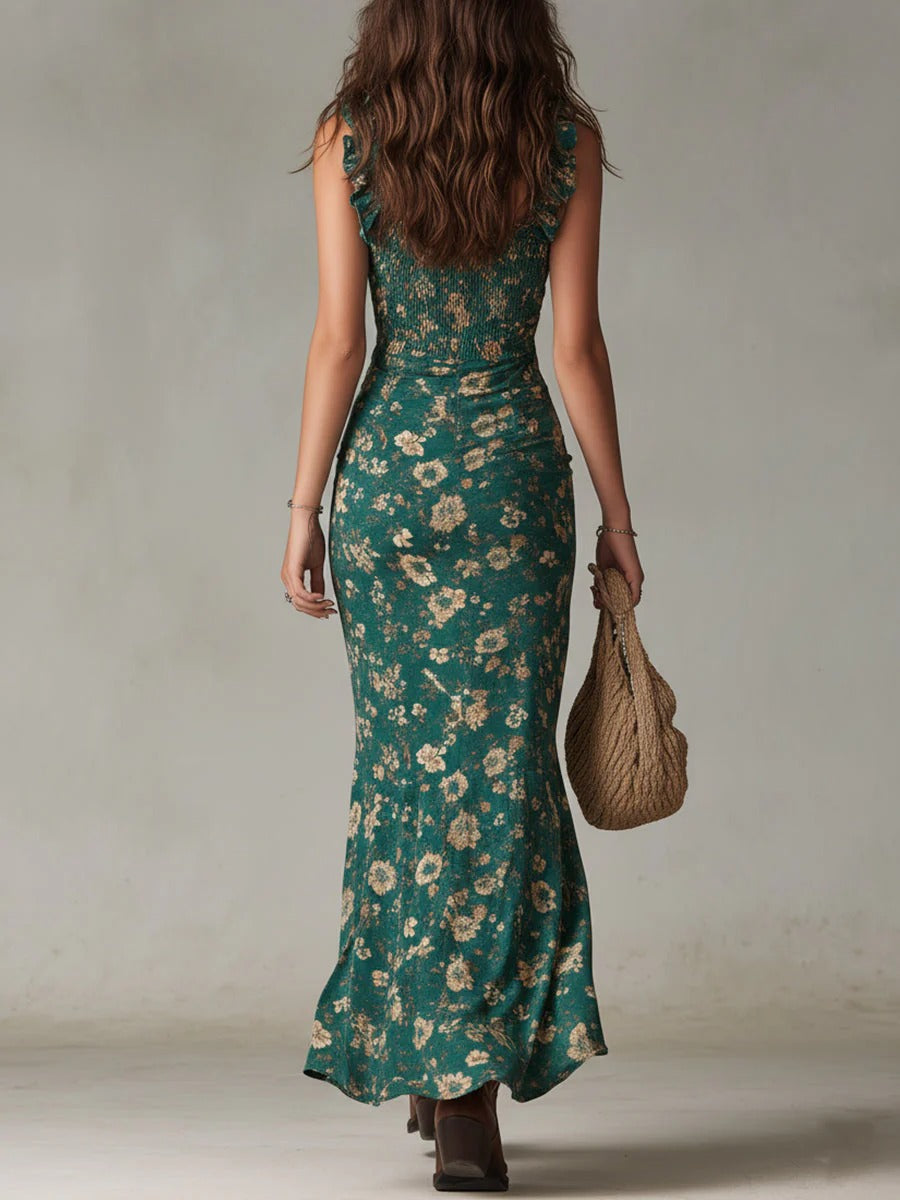 Robe maxi pour femme à motif floral avec drapé et volants
