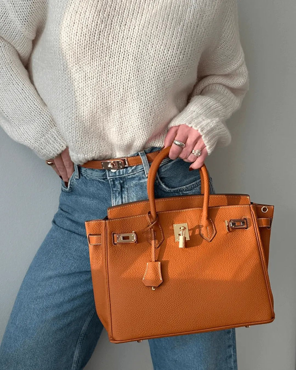 Borsa a Mano Donna in Vera Pelle Cognac