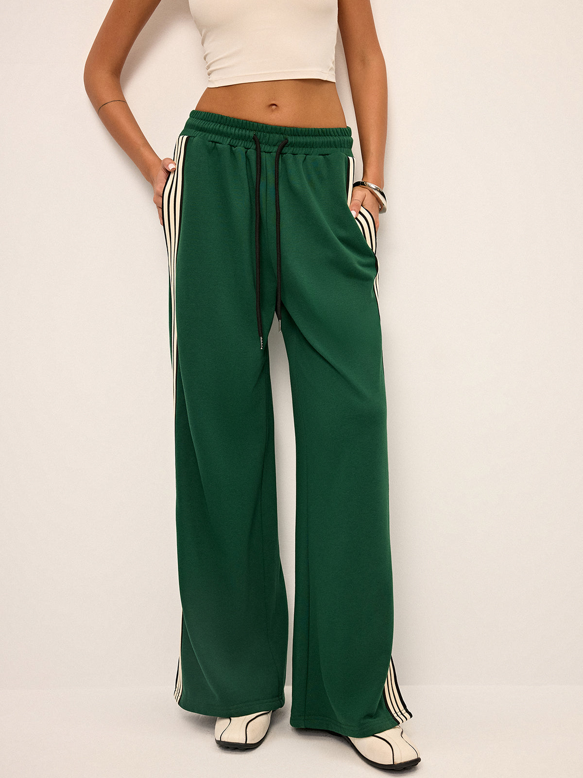 Pantalones de estar por casa para mujer, de pierna ancha, con cordón y bandas laterales